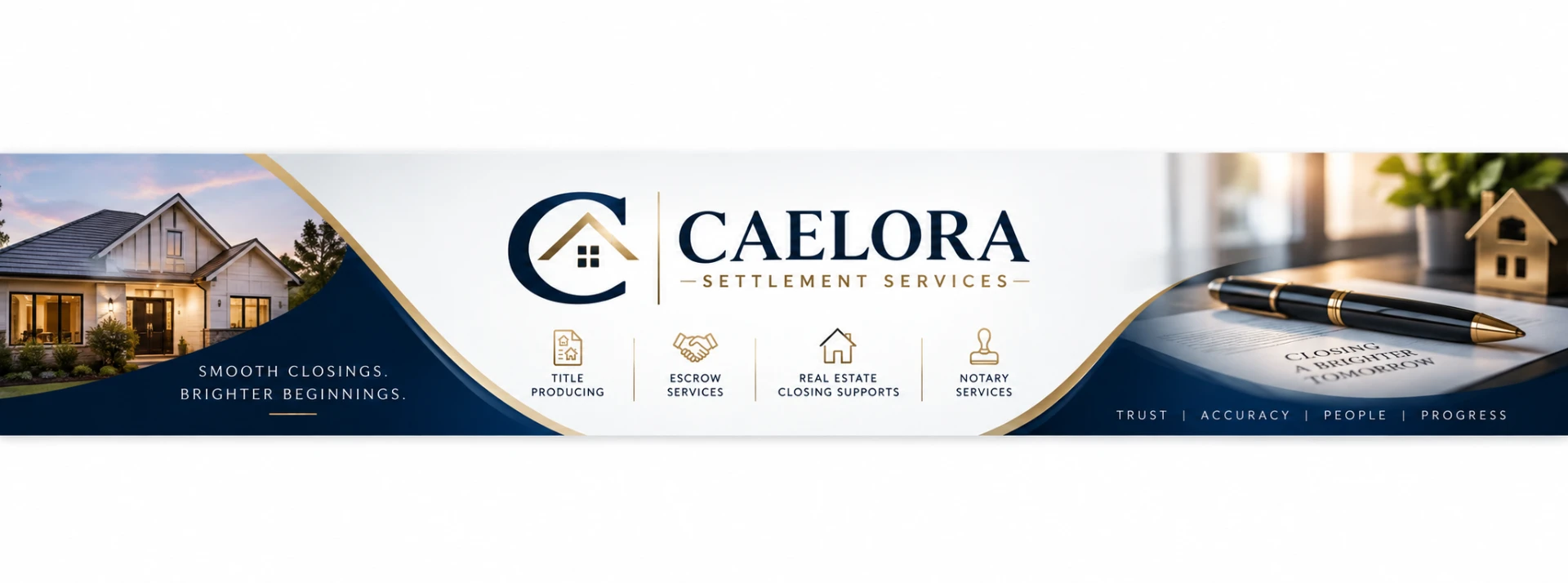 Caelora Settlement Services banner featuring title, escrow, real estate closing support, and notary services