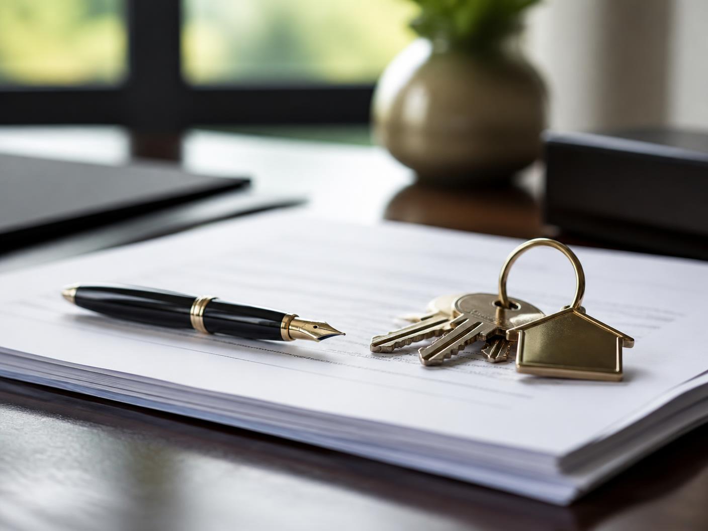 Closing documents with a pen and house keys on a polished table